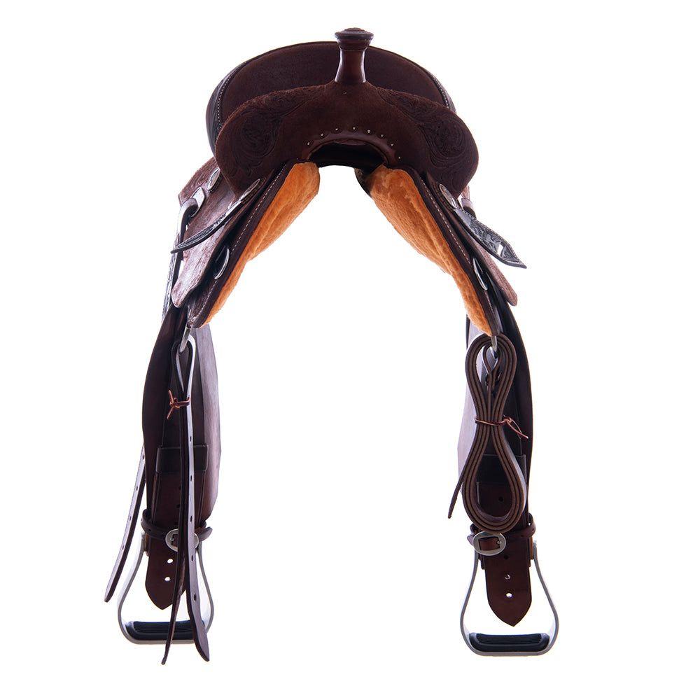 Barrel Saddle – Chocolate Roughout, Notched Skirt, 1/2 Sunflower Tooling