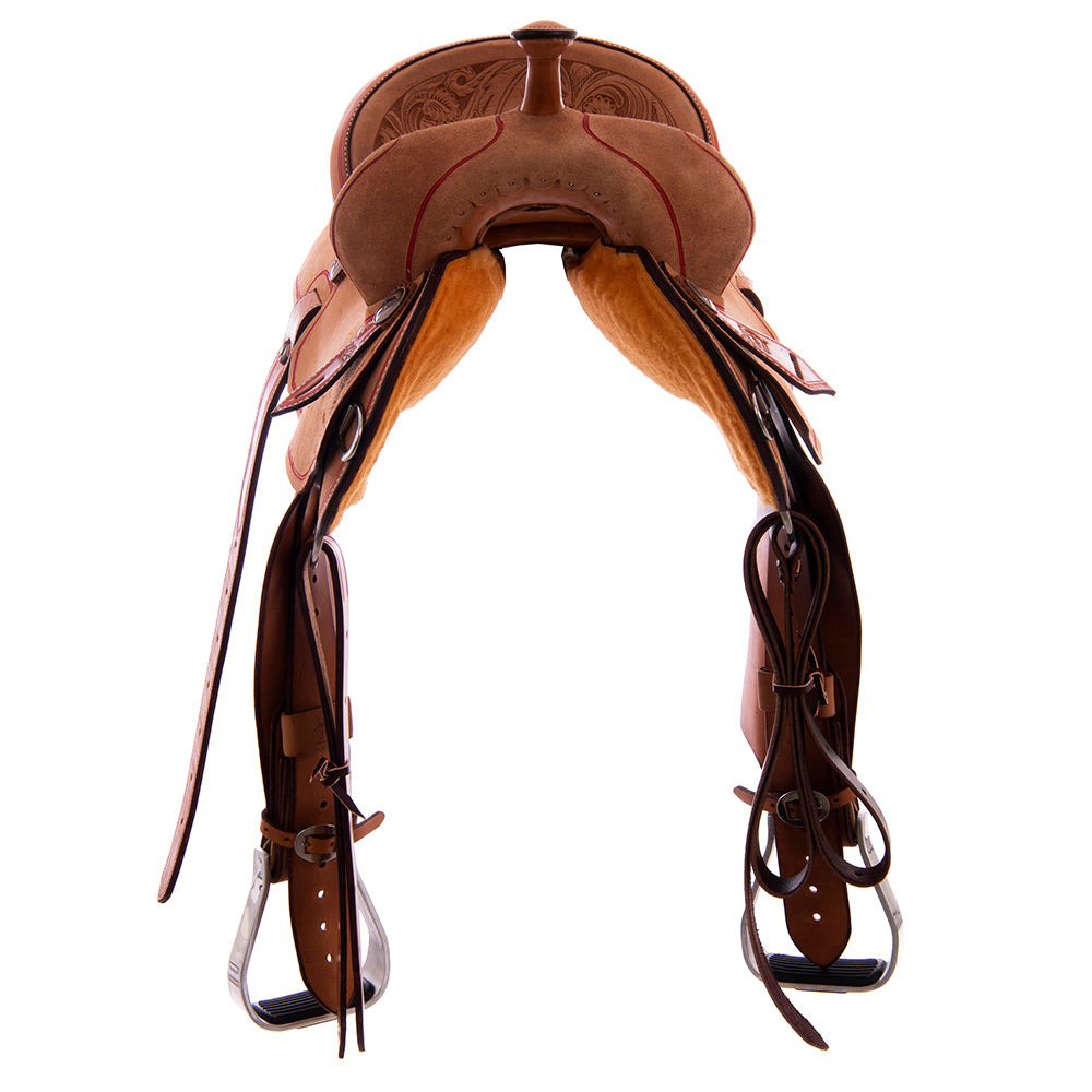 Burns Russet RO Barrel Saddle - Notched - Full Beadline Border - Red Alligator Inlay