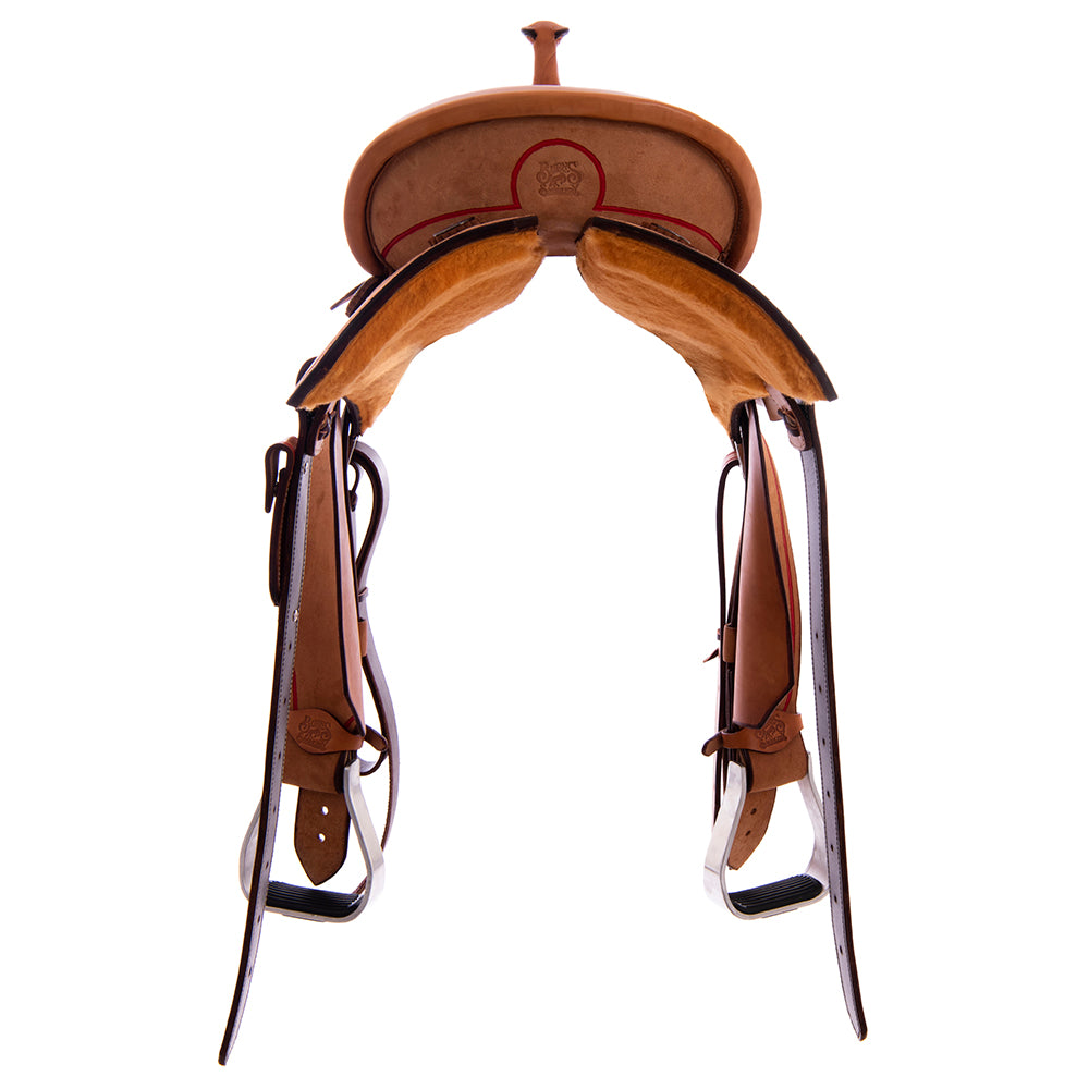 Burns Russet RO Barrel Saddle - Notched - Full Beadline Border - Red Alligator Inlay