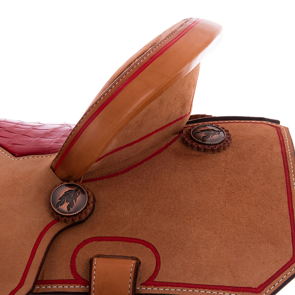Burns Russet RO Barrel Saddle - Notched - Full Beadline Border - Red Alligator Inlay