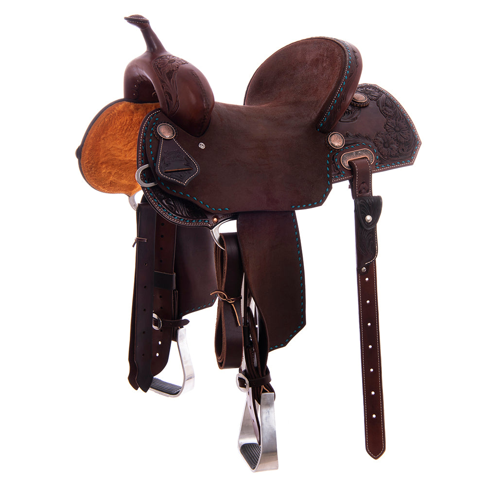 1/2 Smooth Chocolate 1/2 Chocolate Roughout Barrel Saddle - Notched MW Floral Border with Turquoise Buckstitch