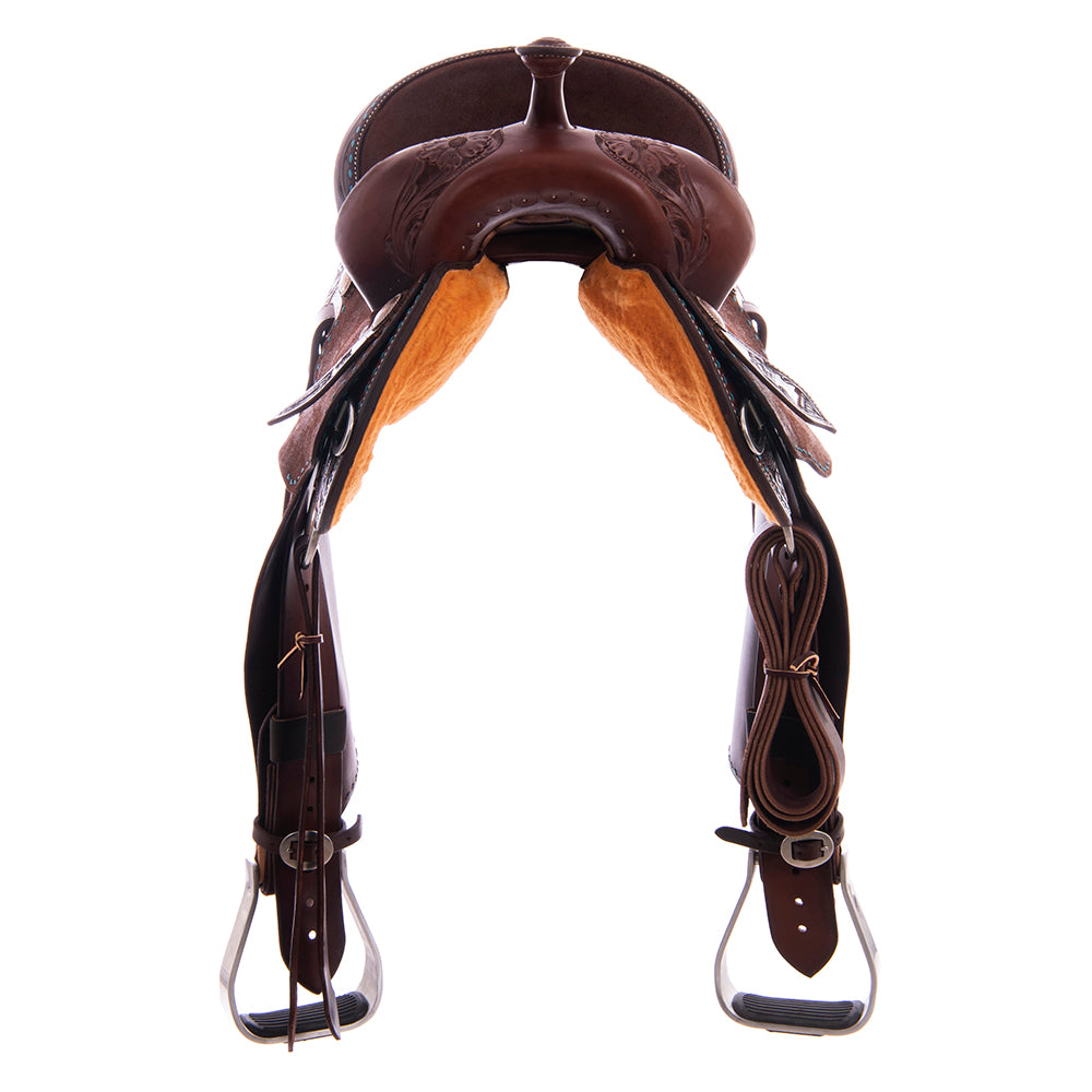 1/2 Smooth Chocolate 1/2 Chocolate Roughout Barrel Saddle - Notched Skirts, MW Floral Border with Turquoise Buckstitch