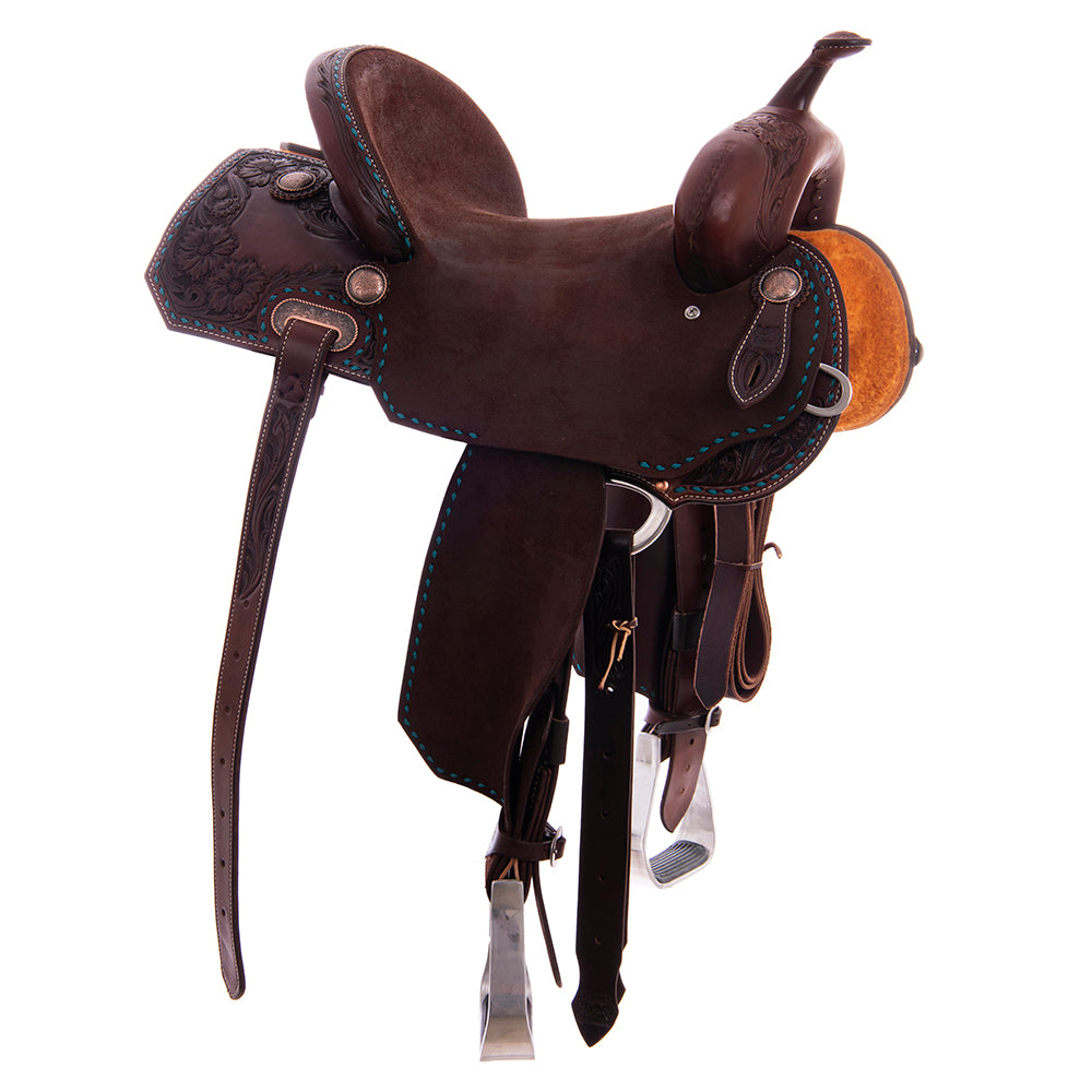1/2 Smooth Chocolate 1/2 Chocolate Roughout Barrel Saddle - Notched Skirts, MW Floral Border with Turquoise Buckstitch