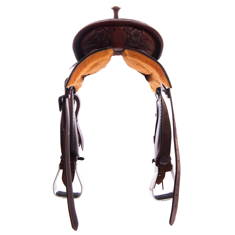 1/2 Smooth Chocolate 1/2 Chocolate Roughout Barrel Saddle - Notched Skirts, MW Floral Border with Turquoise Buckstitch