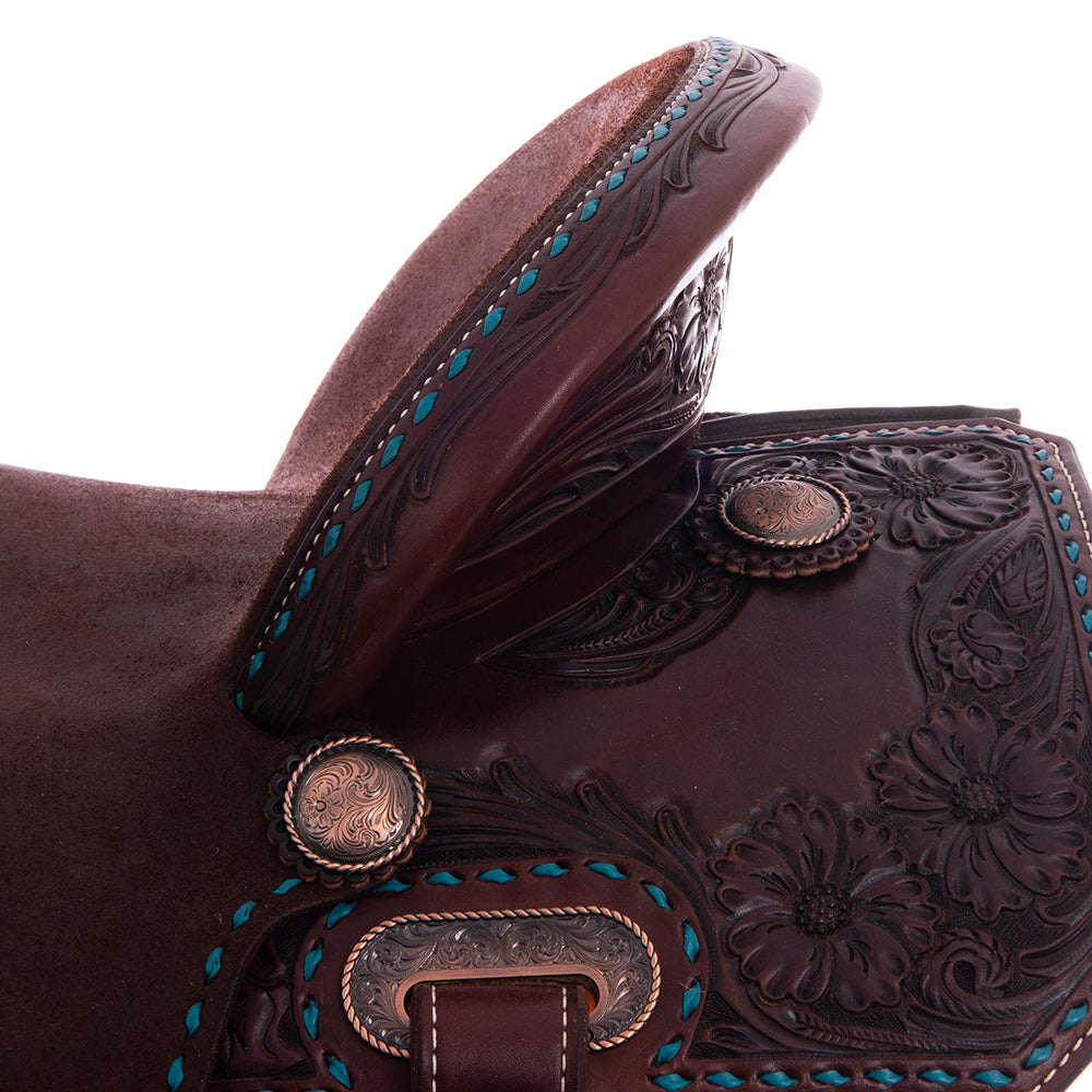 1/2 Smooth Chocolate 1/2 Chocolate Roughout Barrel Saddle - Notched Skirts, MW Floral Border with Turquoise Buckstitch