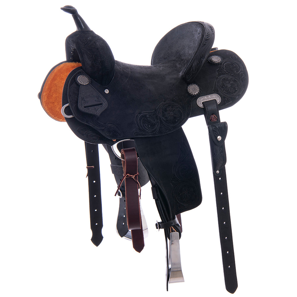 Barrel Saddle – Black Roughout, Round Skirt, D. Daisy Floral Corner Tooling