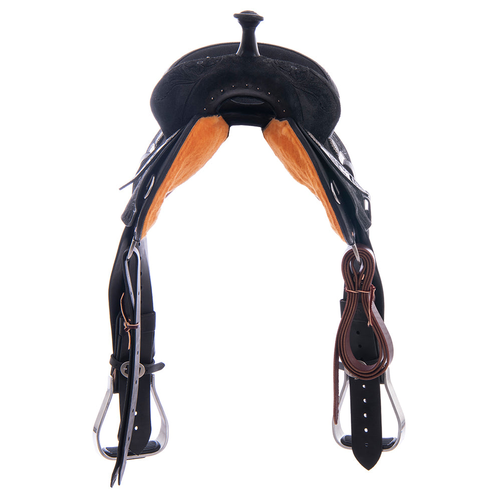 Barrel Saddle – Black Roughout, Round Skirt, D. Daisy Floral Corner Tooling