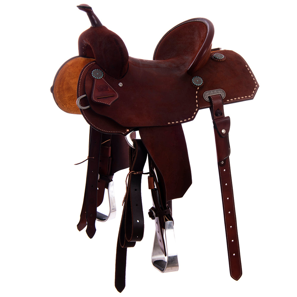 Chestnut Roughout Barrel Saddle- Notched Skirts, Natural Buckstitch Skirt and Seat Corners, Pencil Roll, Hard Seat