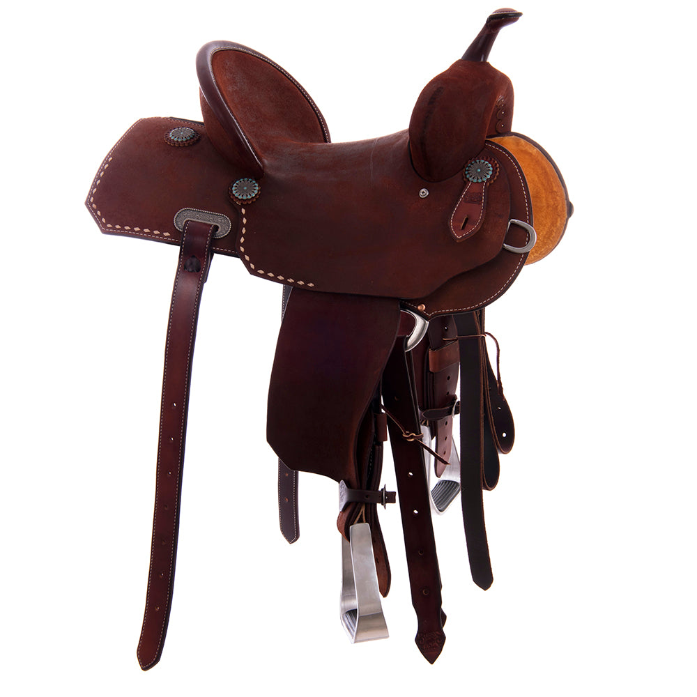 Chestnut Roughout Barrel Saddle- Notched Skirts, Natural Buckstitch Skirt and Seat Corners, Pencil Roll, Hard Seat