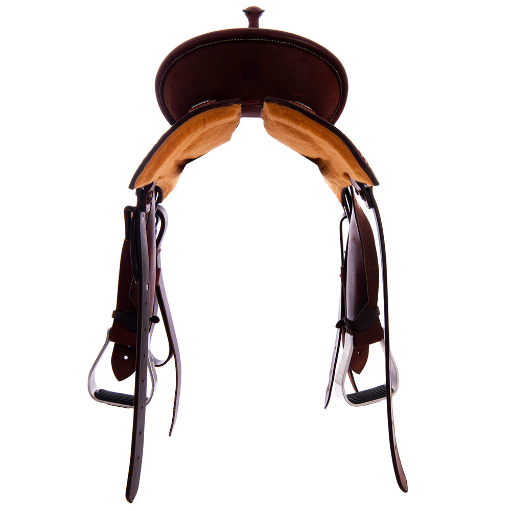 Chestnut Roughout Barrel Saddle- Notched Skirts, Natural Buckstitch Skirt and Seat Corners, Pencil Roll, Hard Seat