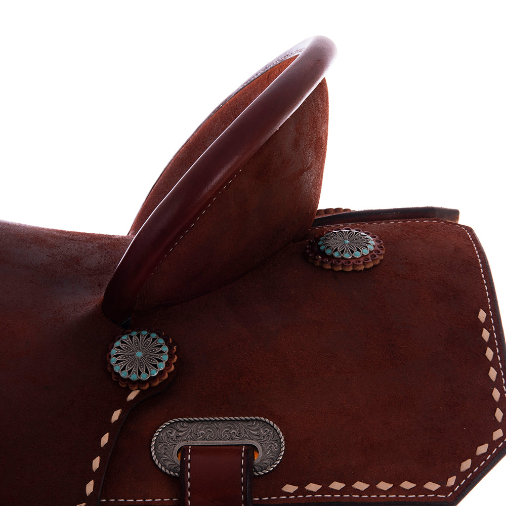 Chestnut Roughout Barrel Saddle- Notched Skirts, Natural Buckstitch Skirt and Seat Corners, Pencil Roll, Hard Seat
