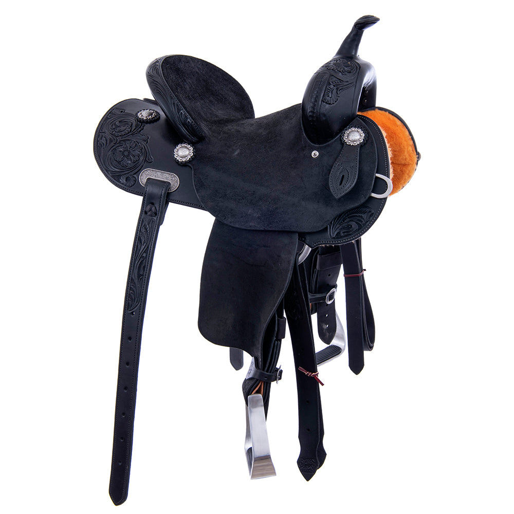 1/2 Black Smooth 1/2 black Roughout Barrel Saddle- Round Cheyenne MW Floral