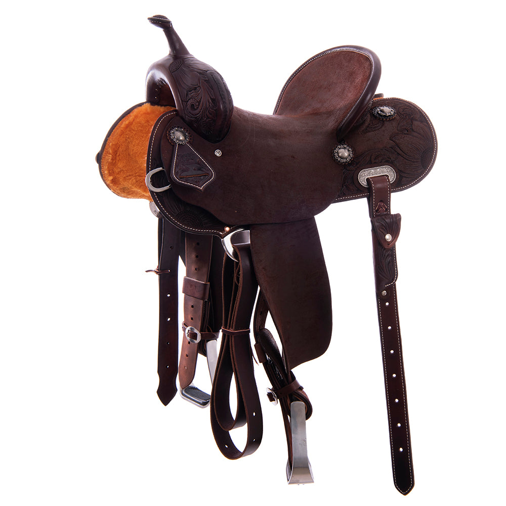 Barrel Saddle - Chocolate Leather, Smooth/Roughout, Round Skirt, 1/2 Corner Sunny Daze Tooling, Pencil Roll