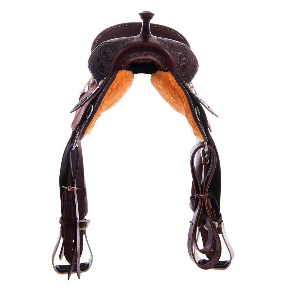 Barrel Saddle - Chocolate Leather, Smooth/Roughout, Round Skirt, 1/2 Corner Sunny Daze Tooling, Pencil Roll