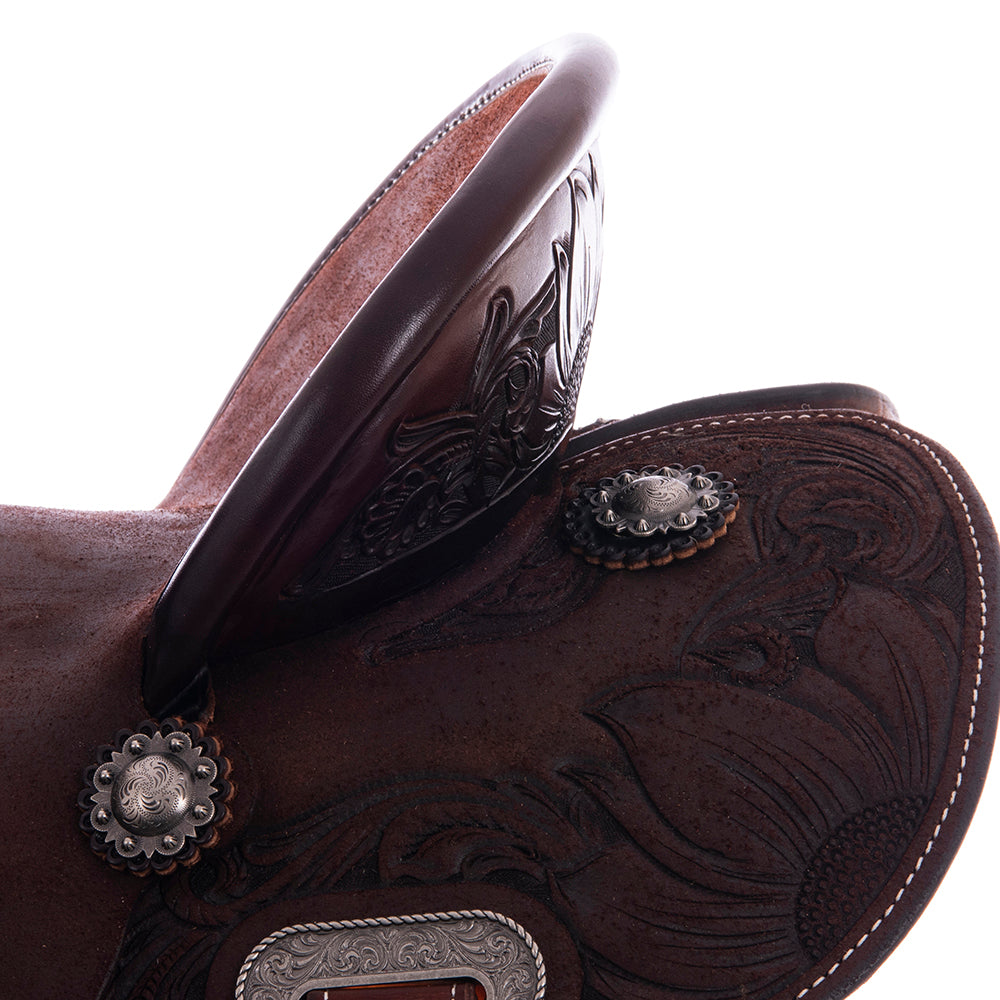 Barrel Saddle - Chocolate Leather, Smooth/Roughout, Round Skirt, 1/2 Corner Sunny Daze Tooling, Pencil Roll