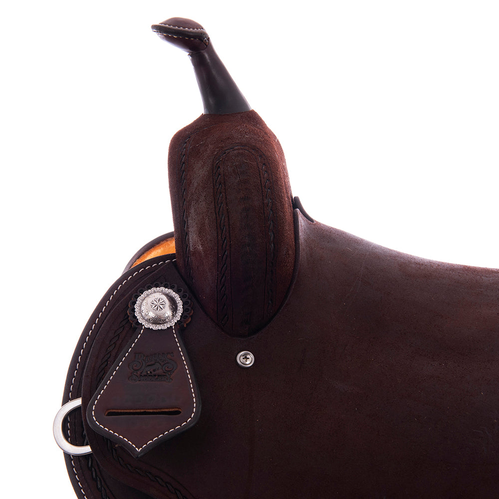 Burns Chocolate RO Barrel Saddle - Round - Full Simple Rope - Standard Binding