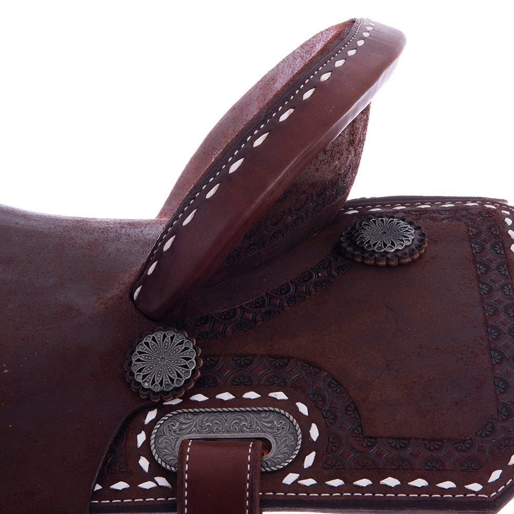 Chocolate RO Barrel Saddle-Notched-Deeter Skirt White Buckstitch-Cheyenne-Hard Seat
