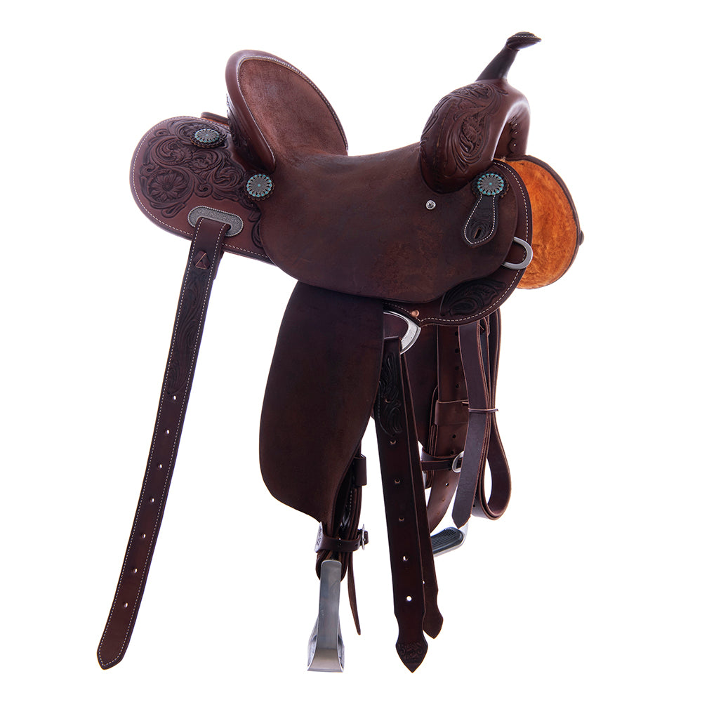 Barrel Saddle - Chocolate Leather, Smooth/Roughout, Round Skirt, 1/2 Sunny D Floral Tooling, Pencil Roll Cantle- Standard