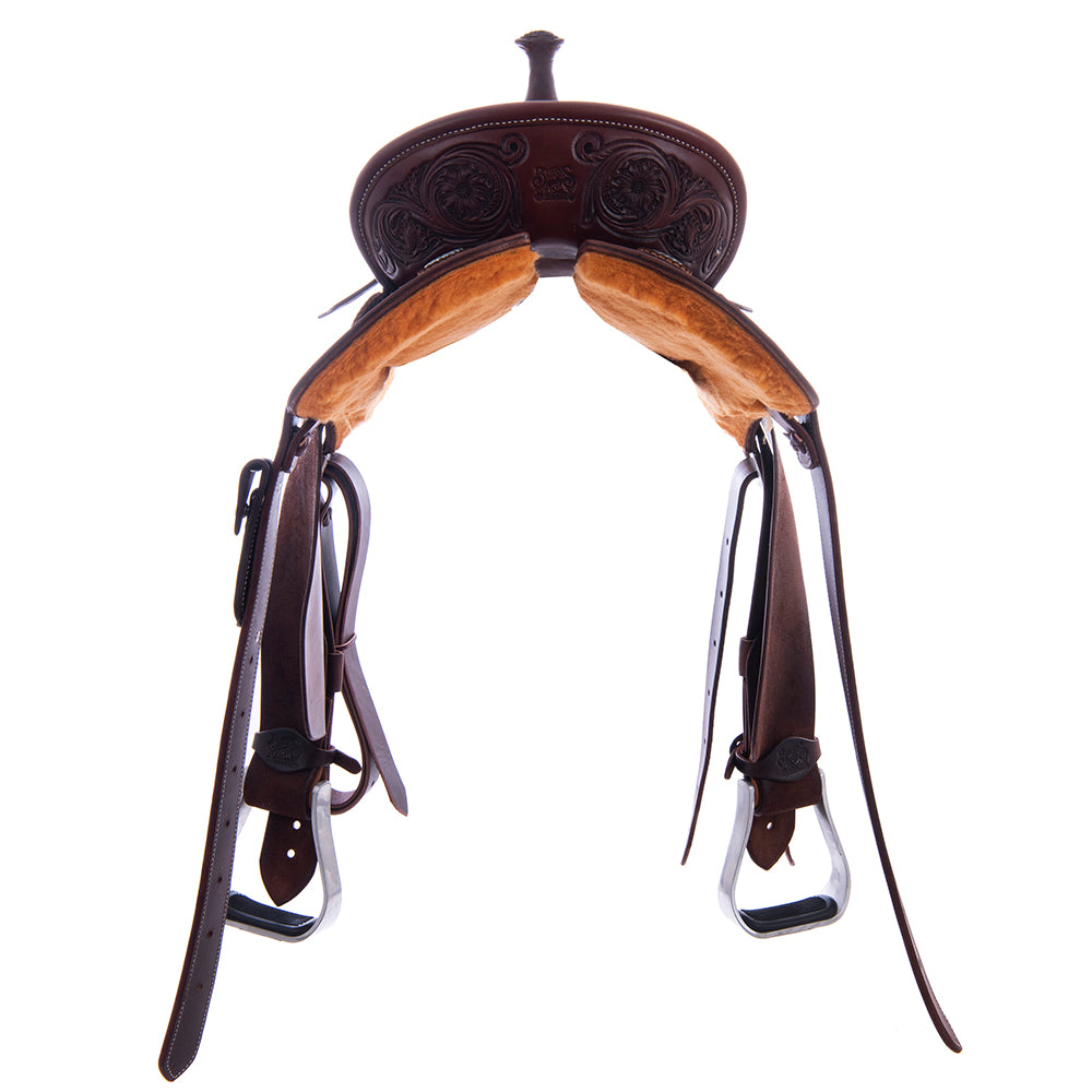Barrel Saddle - Chocolate Leather, Smooth/Roughout, Round Skirt, 1/2 Sunny D Floral Tooling, Pencil Roll Cantle- Standard