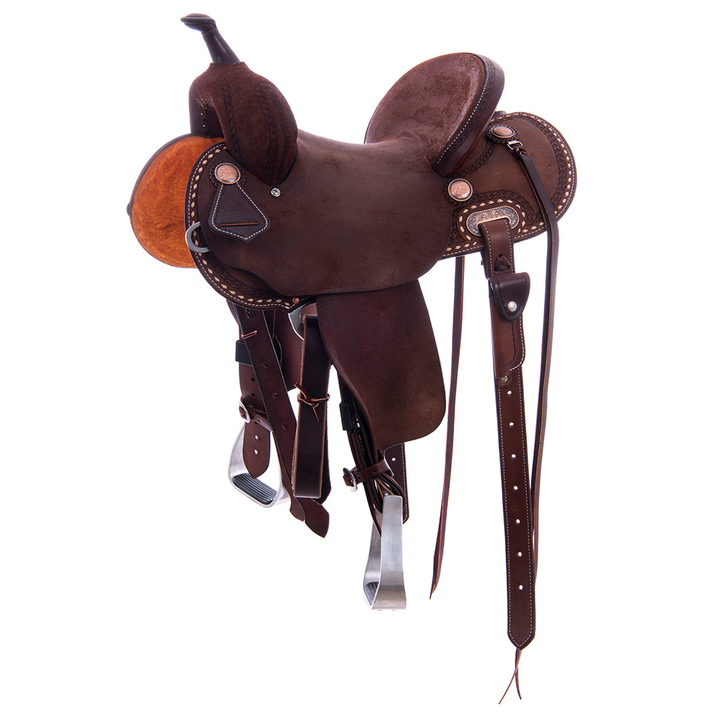 Chocolate RO Barrel Saddle- Round- 1/2 Celtic Border Natural Buckstitch Skirt- Cheyenne