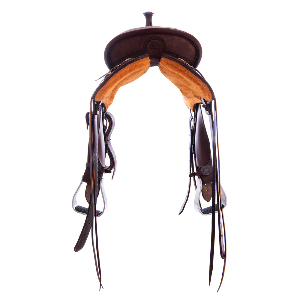 Chocolate RO Barrel Saddle- Round- 1/2 Celtic Border Natural Buckstitch Skirt- Cheyenne