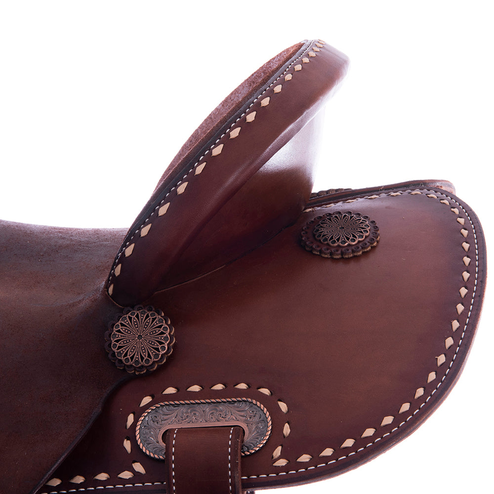 1/2 Chocolate SO/RO Barrel Saddle- Round- Natural Buckstitch Skirt and Binding- Cheyenne