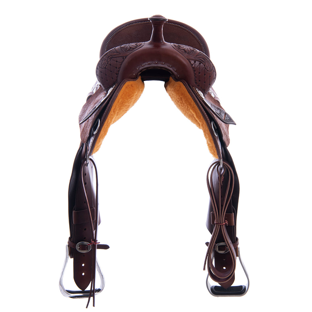 1/2 Chocolate SO/RO Barrel Saddle- Notched- 1/2 Old World D Daisy- Standard- Hard Seat