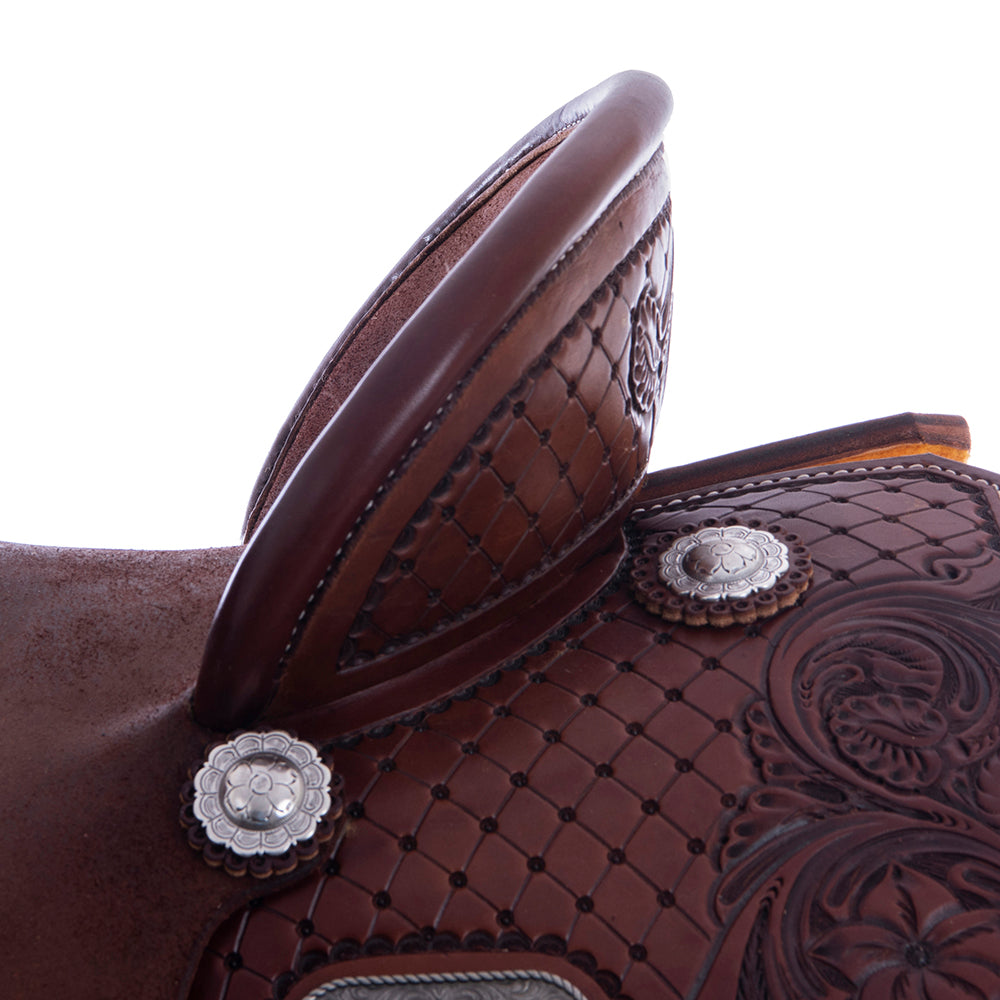 1/2 Chocolate SO/RO Barrel Saddle- Notched- 1/2 Old World D Daisy- Standard- Hard Seat