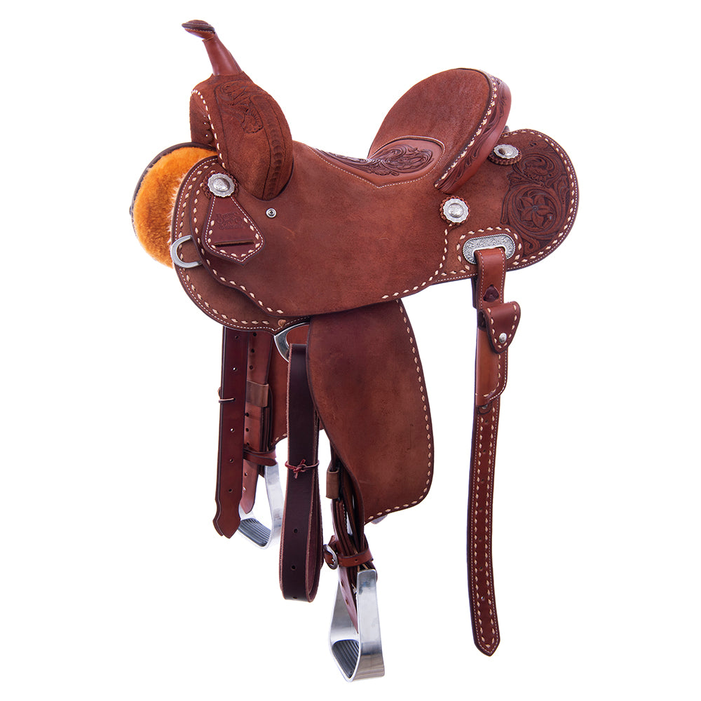 Barrel Saddle – Chestnut Roughout, Round Skirt, 1/2 D. Daisy Tooling, Tooled Seat Inlay, Natural Buckstitch, Cheyenne Roll