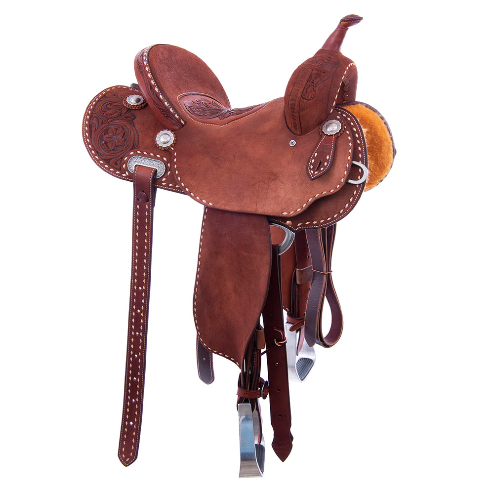 Barrel Saddle – Chestnut Roughout, Round Skirt, 1/2 D. Daisy Tooling, Tooled Seat Inlay, Natural Buckstitch, Cheyenne Roll