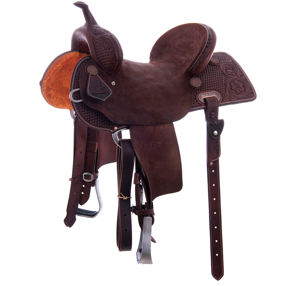 Barrel Saddle – Chocolate Smooth/Roughout, Semi-Square Skirt, 1/2 Basket Wyo Flower Tooling, Hard Seat