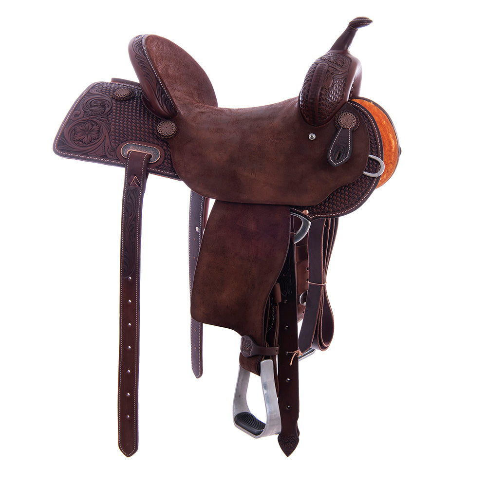 Barrel Saddle – Chocolate Smooth/Roughout, Semi-Square Skirt, 1/2 Basket Wyo Flower Tooling, Hard Seat