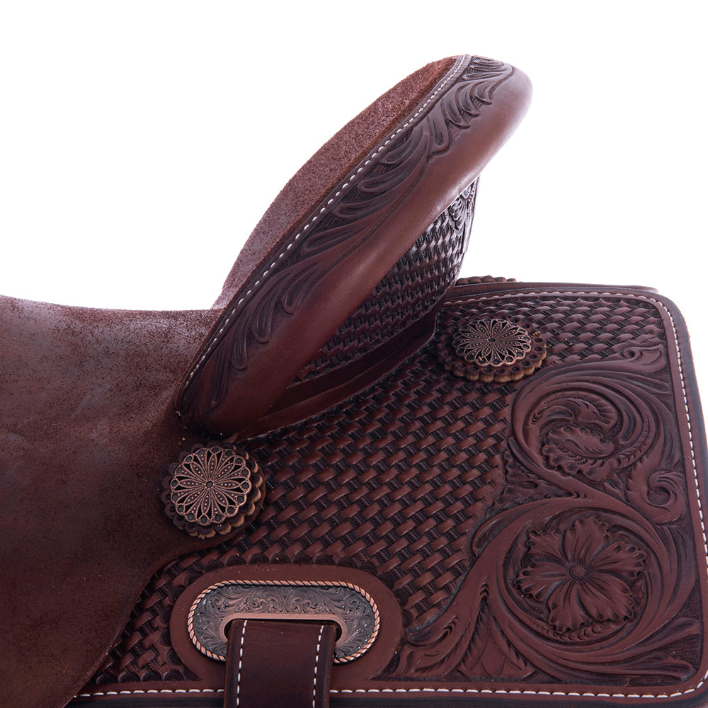 Barrel Saddle – Chocolate Smooth/Roughout, Semi-Square Skirt, 1/2 Basket Wyo Flower Tooling, Hard Seat