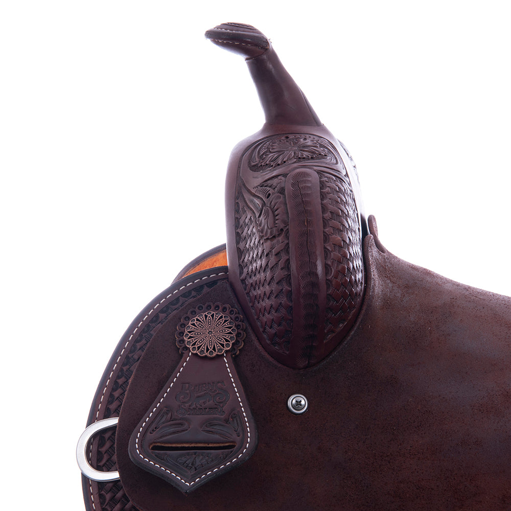 Barrel Saddle – Chocolate Smooth/Roughout, Semi-Square Skirt, 1/2 Basket Wyo Flower Tooling, Hard Seat