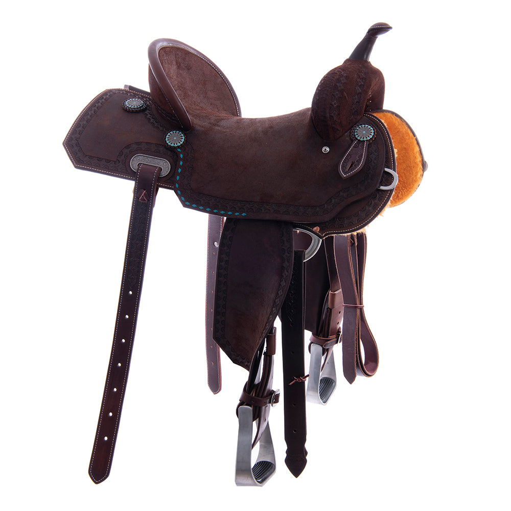 Barrel Saddle – Chocolate Roughout, Notched Skirt, Deeter Border, Turquoise Buckstitch Jockey, Pencil Roll, Hard Seat