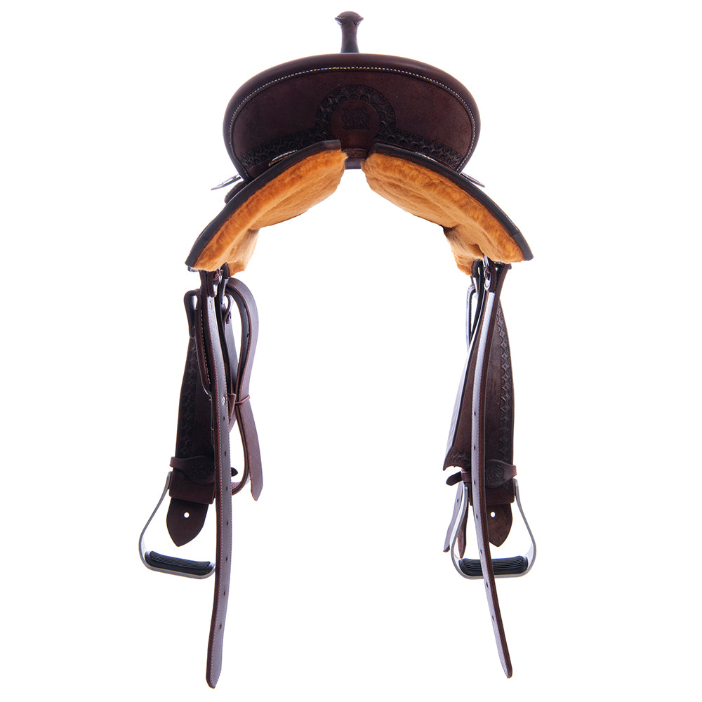 Barrel Saddle – Chocolate Roughout, Notched Skirt, Deeter Border, Turquoise Buckstitch Jockey, Pencil Roll, Hard Seat
