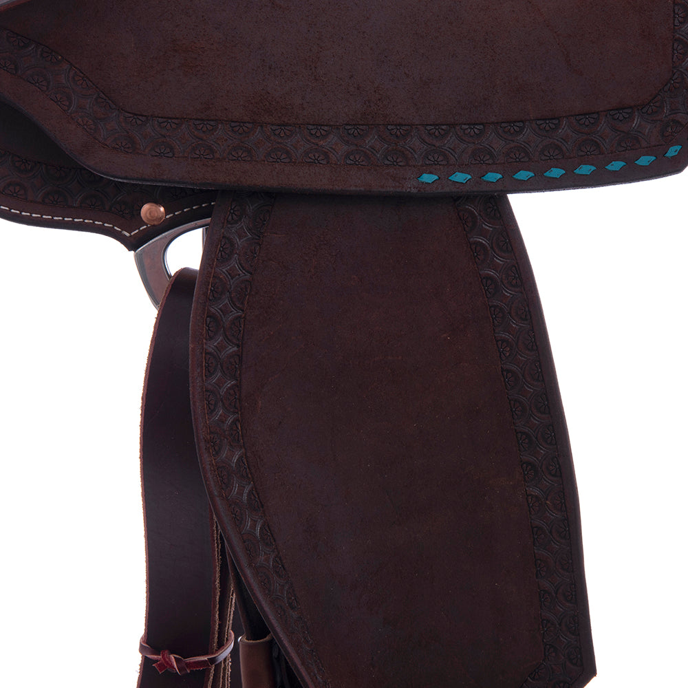 Barrel Saddle – Chocolate Roughout, Notched Skirt, Deeter Border, Turquoise Buckstitch Jockey, Pencil Roll, Hard Seat