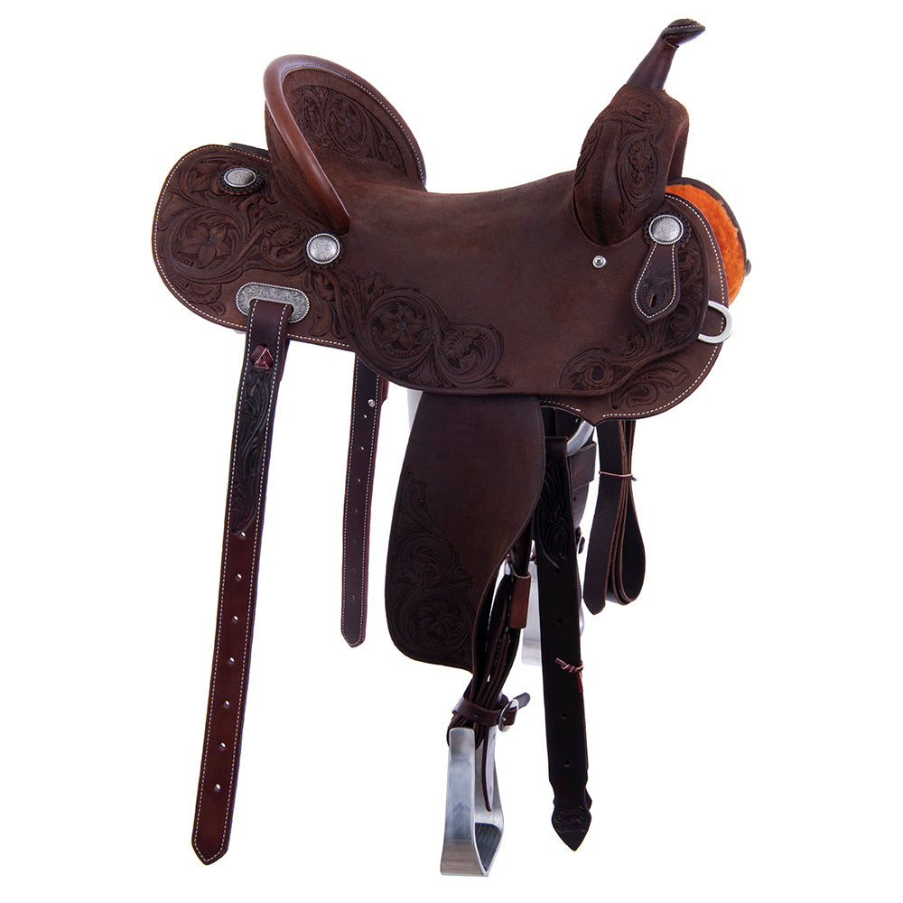 Barrel Saddle – Chocolate Roughout, Round Skirt, 3/4 D. Daisy Tooling, Pencil Roll, Tooled D. Daisy Dish
