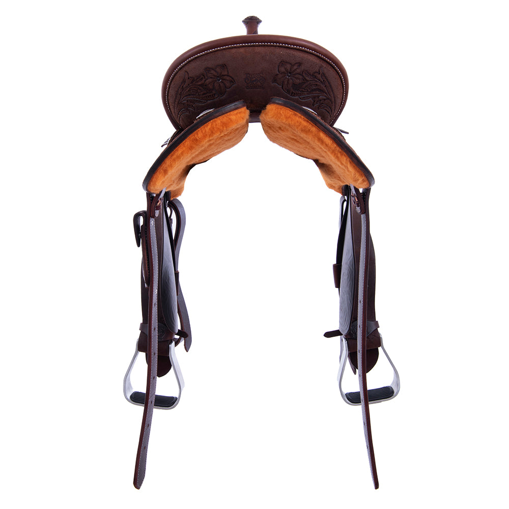 Barrel Saddle – Chocolate Roughout, Round Skirt, 3/4 D. Daisy Tooling, Pencil Roll, Tooled D. Daisy Dish