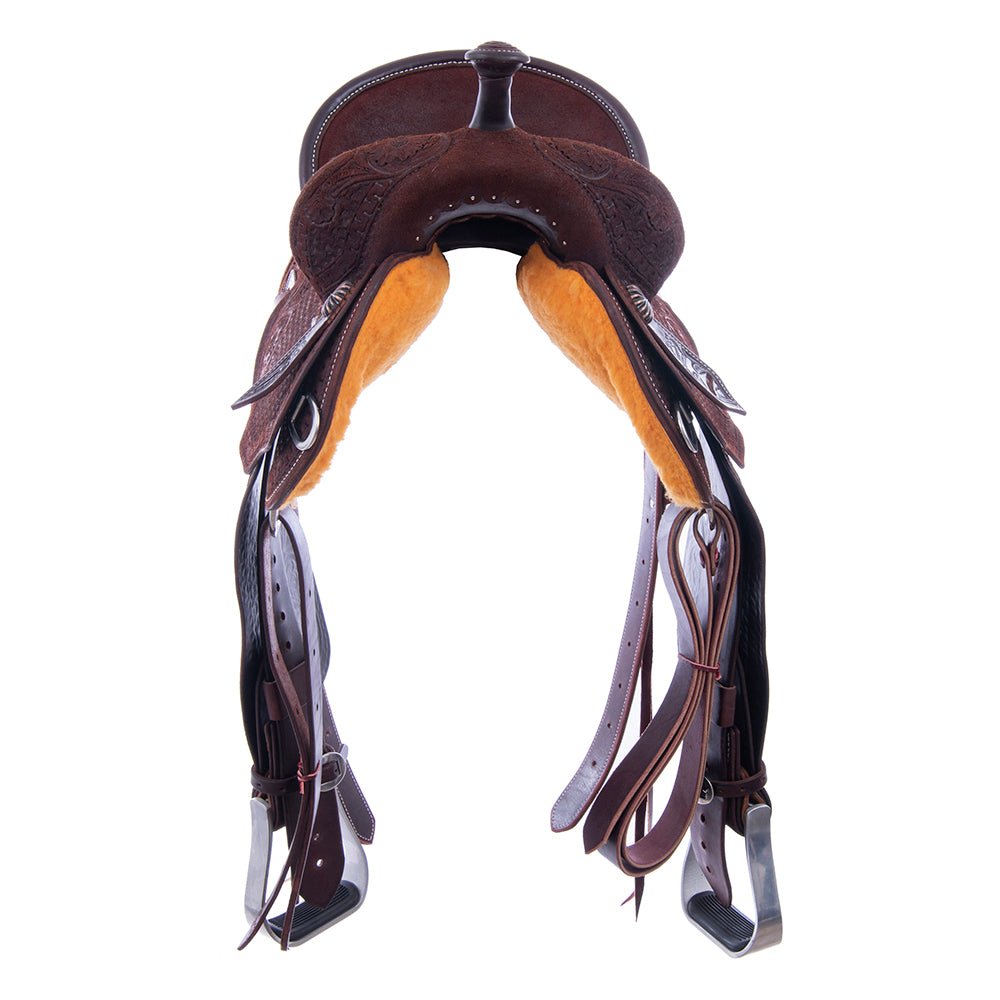 Barrel Saddle – Chocolate Roughout, Round Skirt, Full Axe/MW Floral Tooling, Fancy Snake Border, Black Python Seat Inlay