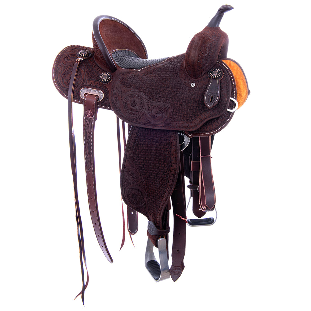 Barrel Saddle – Chocolate Roughout, Round Skirt, Full Axe/MW Floral Tooling, Fancy Snake Border, Black Python Seat Inlay