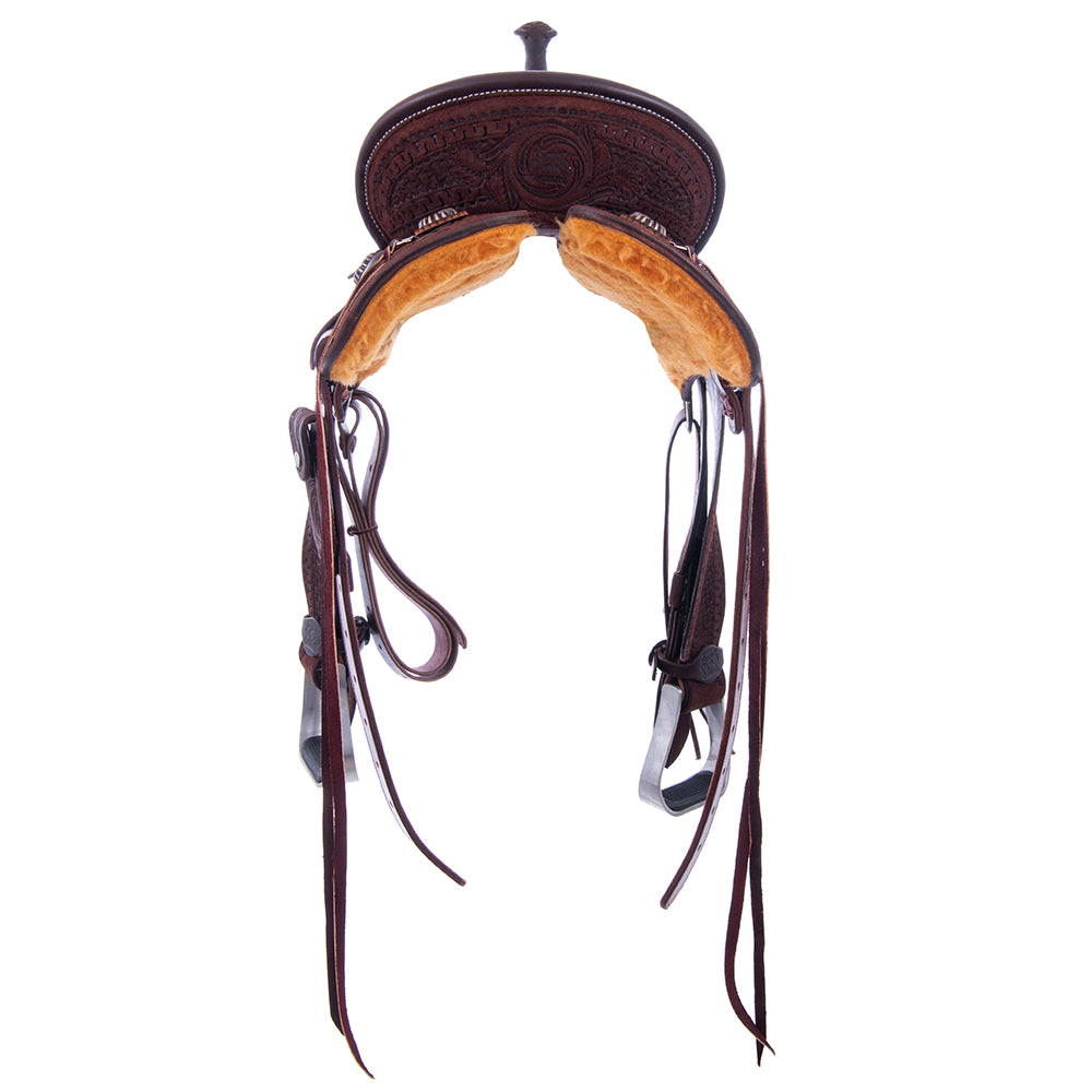 Barrel Saddle – Chocolate Roughout, Round Skirt, Full Axe/MW Floral Tooling, Fancy Snake Border, Black Python Seat Inlay