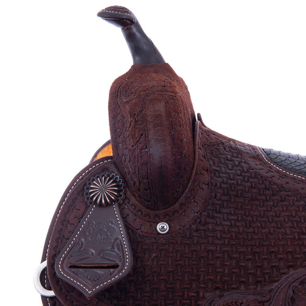 Barrel Saddle – Chocolate Roughout, Round Skirt, Full Axe/MW Floral Tooling, Fancy Snake Border, Black Python Seat Inlay