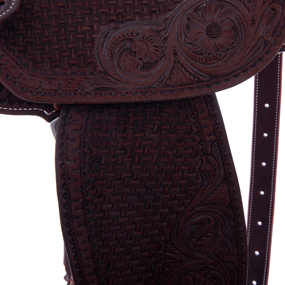 Barrel Saddle – Chocolate Roughout, Round Skirt, Full Axe/MW Floral Tooling, Fancy Snake Border, Black Python Seat Inlay