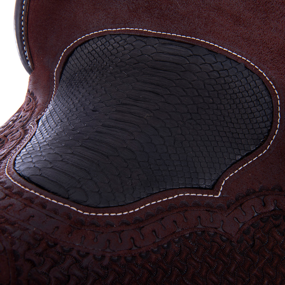 Barrel Saddle – Chocolate Roughout, Round Skirt, Full Axe/MW Floral Tooling, Fancy Snake Border, Black Python Seat Inlay