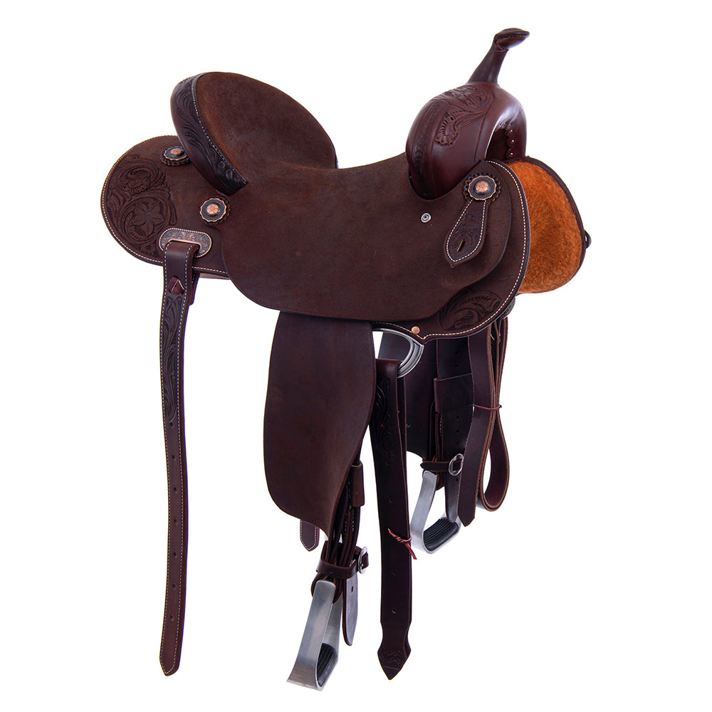 Barrel Saddle – Chocolate Leather, 1/8 Smooth & 7/8 Roughout, Round Skirt, 1/2 D. Daisy Corner Tooling, Cheyenne Roll