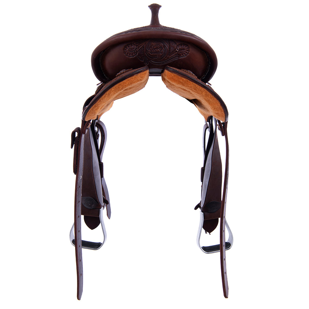 Barrel Saddle – Chocolate Leather, 1/8 Smooth & 7/8 Roughout, Round Skirt, 1/2 D. Daisy Corner Tooling, Cheyenne Roll