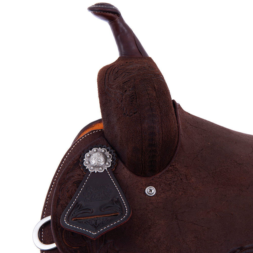 Barrel Saddle – Chocolate Roughout, Round Skirt, D. Daisy Floral Corner Tooling, Cheyenne Roll