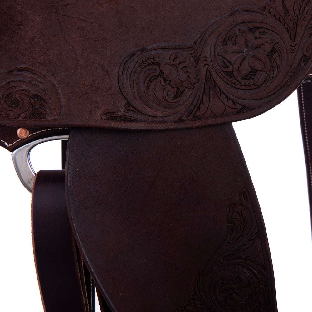 Barrel Saddle – Chocolate Roughout, Round Skirt, D. Daisy Floral Corner Tooling, Cheyenne Roll