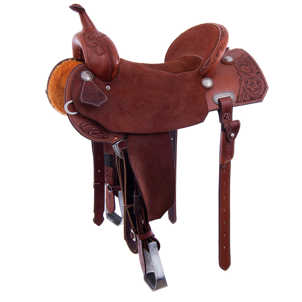1/2 Chestnut SO/RO Barrel Saddle- Notched- 1/2 D Daisy FC- Cheyenne- Black Suede Inlay